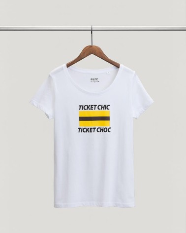 Women's white T-shirt with black, brown and yellow patterns Chic ticket-Shock ticket - RATP la ligne