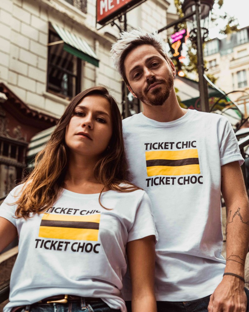 Women's white T-shirt with black, brown and yellow patterns Chic ticket-Shock ticket - RATP la ligne