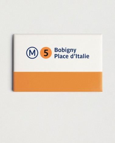 Magnet métro RATP ligne 5 - Bobigny - Place d'Italie, blanc et orange - RATP la ligne